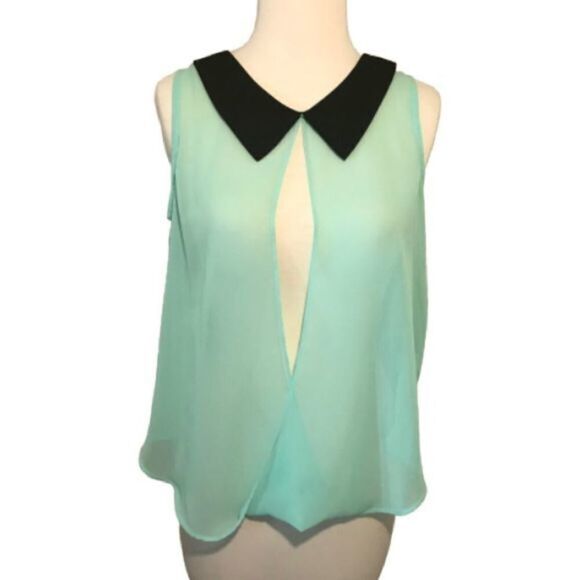 Soprano Draped Split Back Blouse Black Collar Sea-foam Green Small - Picture 3 of 11